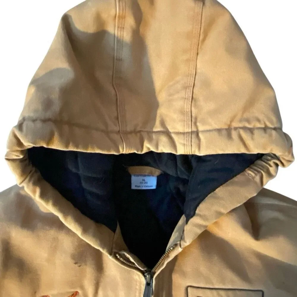 Carhartt Canvas Jacket Coat Youth XL 18-20 Tan Duck Canvas Quilted Hood work far